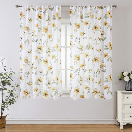 Floral Living Room Sheer Curtains 63 inch Length 2 Panels Vintage Yellow Flower Pattern Privacy Light Filtering Bedroom Curtains Short Semi-Sheer Window Curtain Drapes,Soft Silky-Smooth Chiffon