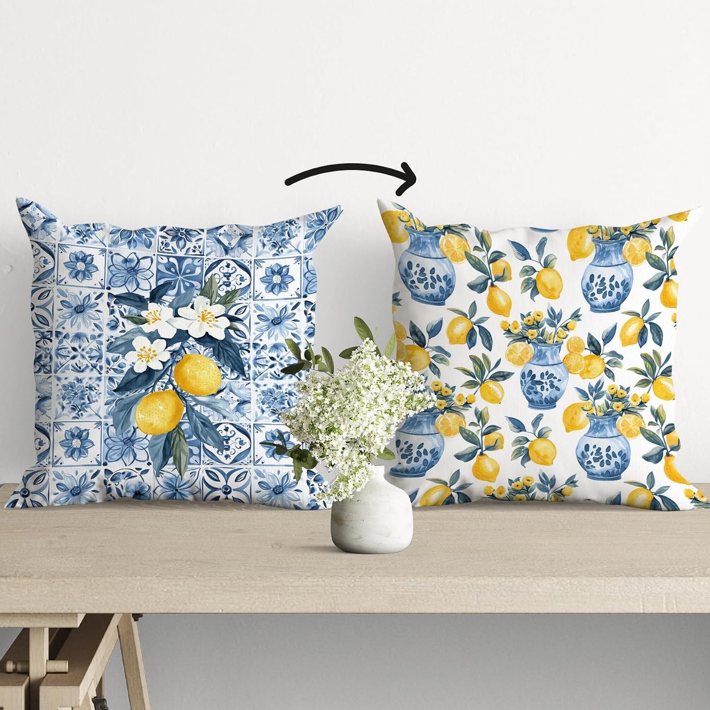 kdqua Italian Lemon Pillow Covers 18x18, Mediterranean Lemon Decorations Throw Pillow Cover, Blue and White Amalfi Coast Summer Fruit Pillowcase Covers for Sofa Home Decor