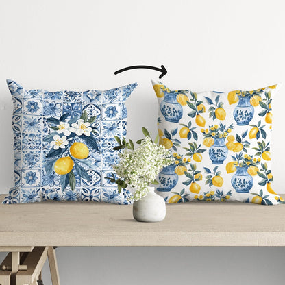kdqua Italian Lemon Pillow Covers 18x18, Mediterranean Lemon Decorations Throw Pillow Cover, Blue and White Amalfi Coast Summer Fruit Pillowcase Covers for Sofa Home Decor