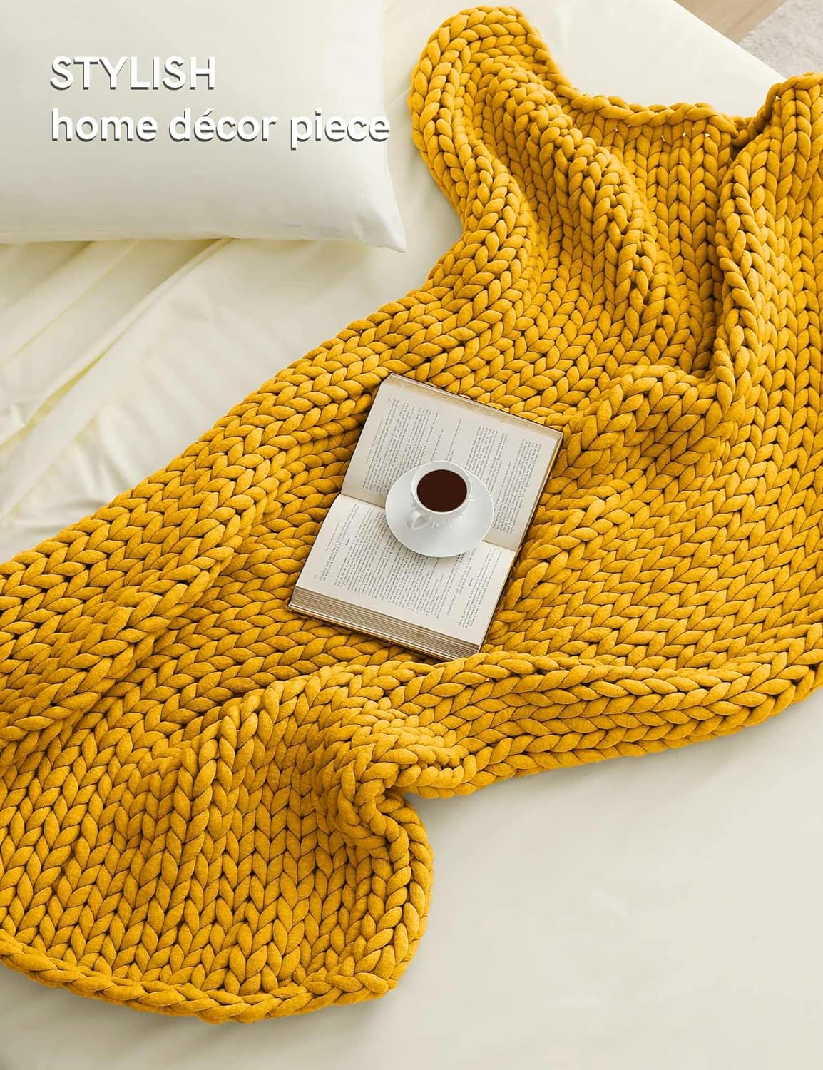 Chunky Throw Blanket, Medium-Weight, Hand Knitted, Skin Friendly, Ventilated and Breathable, Machine Washable, Home Décor Piece for Couch, Sofa and Bed (Yellow Fusion, 40x50 Inch)