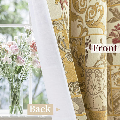 Loom and Mill Damask Patchwork Curtains for Bedroom, Beige Yellow Lined Jacquard Curtains 2 Panels with Tiebacks, Window Curtain for Living Room Banquet Halloween Decor, Rod Pocket(52”x 84”, 2 Panels)