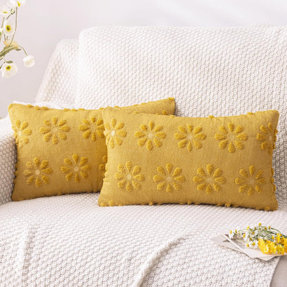 AQOTHES Spring Summer Yellow Throw Pillow Covers 12x20 inch Set of 2 Flower Floral Faux Fur Cute Throw Pillows for Sofa Couch Living Room Decor