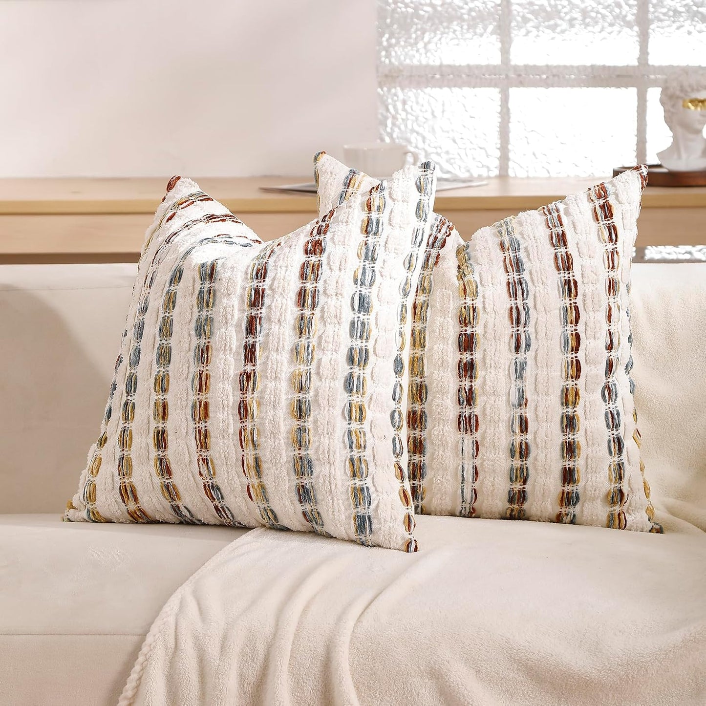 Pillow Covers 20x20 Set of 2 Yellow Striped Throw Pillow Covers Chenille Decorative Pillows Square Cushion Cover for Sofa Couch Bed Living Room Winter Decoratives.