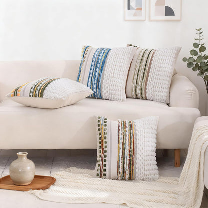 18x18 Inch Boho Pillow Covers Set of 2 Chenille Throw Pillow Cases for Couch Farmhouse Decorative Striped Cushion Covers for Sofa Bedroom Living Room (Blue Yellow)