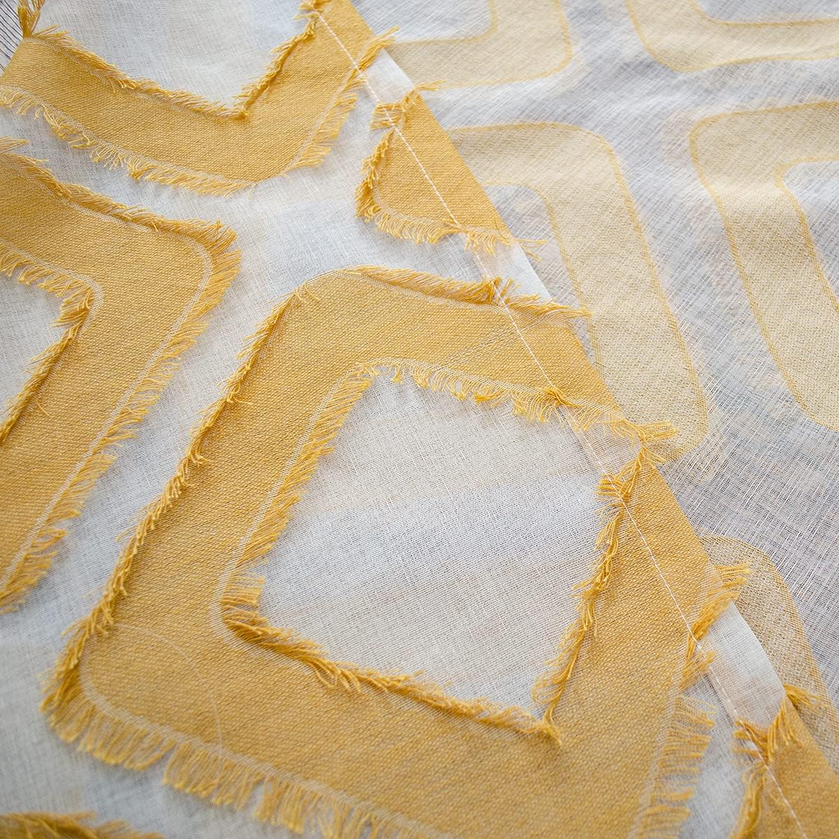 Linentalks Shaggy Yellow Sheer Curtains 63 Inches Long 2 Panels Set, Geometric Patterned Sheer Curtains for Living Room, Mustard Yellow Drapes Faux Linen Grommet Short Window Curtain Panels