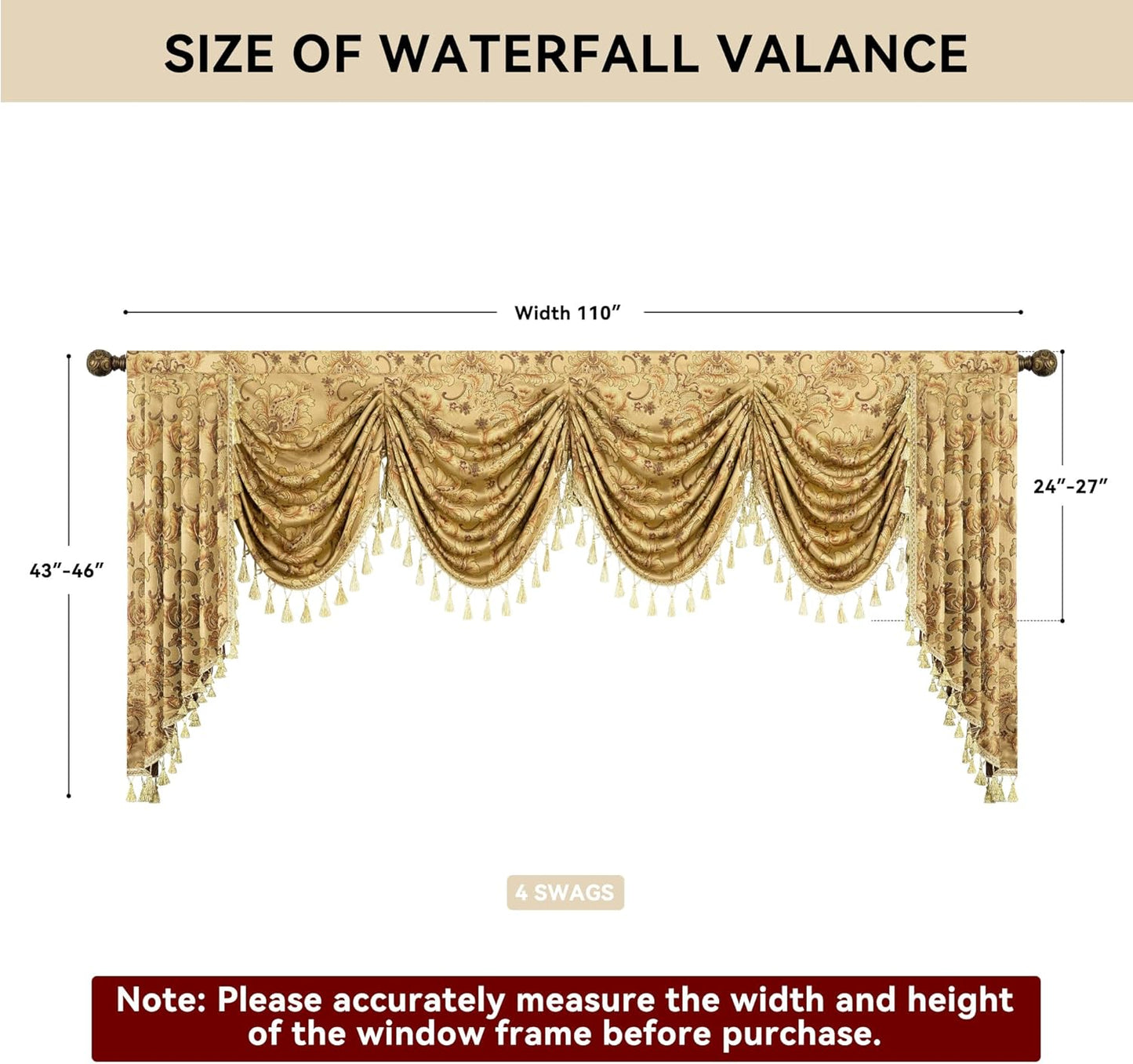 Loom and Mill Luxury Waterfall Valances for Windows, Elegant Jacquard Thick Swag Waterfall Curtains Valance with Tassels for Living Room, Bedroom Party Christmas Decor (Yellow, W110 Inch, 1 Panel)