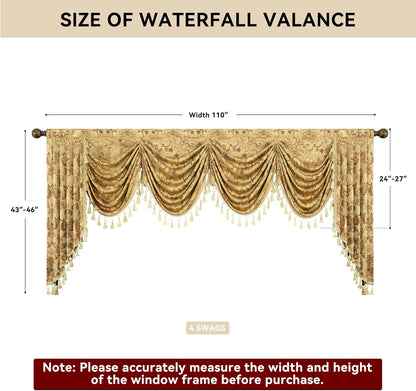 Loom and Mill Luxury Waterfall Valances for Windows, Elegant Jacquard Thick Swag Waterfall Curtains Valance with Tassels for Living Room, Bedroom Party Christmas Decor (Yellow, W110 Inch, 1 Panel)
