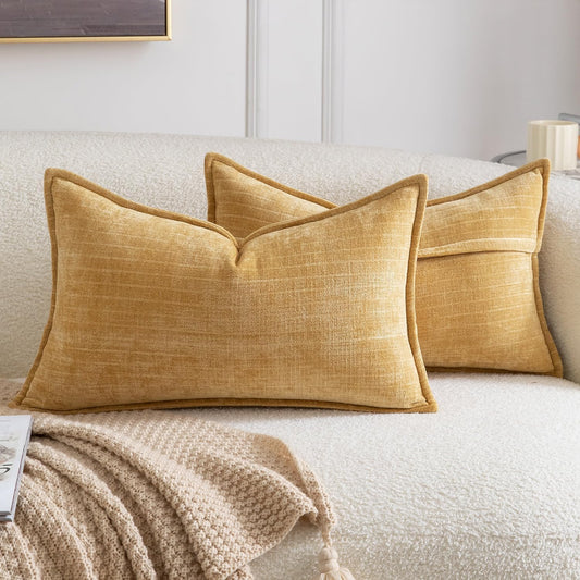MADIZZ Pack of 2 Decorative Striped Throw Pillow Covers Vintage Boho Soft Chenille Throw Pillows Luxurious Cushion Covers for Couch Sofa Bedroom Living Room 12x20 Inch, Yellow