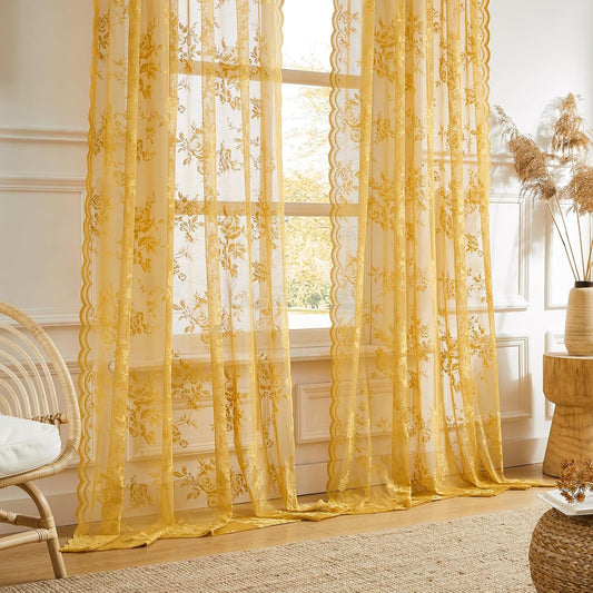 Yellow Lace Curtains 96 Inches Long 2 Panels Country Gold Flower Sheer Curtains for Bedroom Living Room Rod Pocket Light Filtering Drapes for Dining Room Neutral Fall Decor Halloween Autumn, 52x96