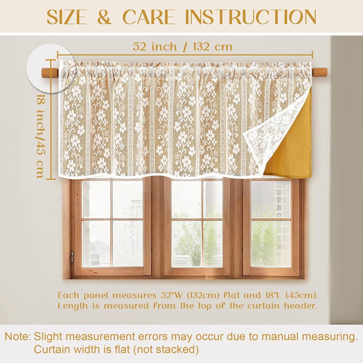 ASPMIZ Linen Valances for Windows Double Layer Valance Curtains with Lace Overlay, Mustard Yellow Kitchen Curtains Light Filtering, Rod Pocket Window Valances for Living Room, Kitchen, Cafe, 52x18