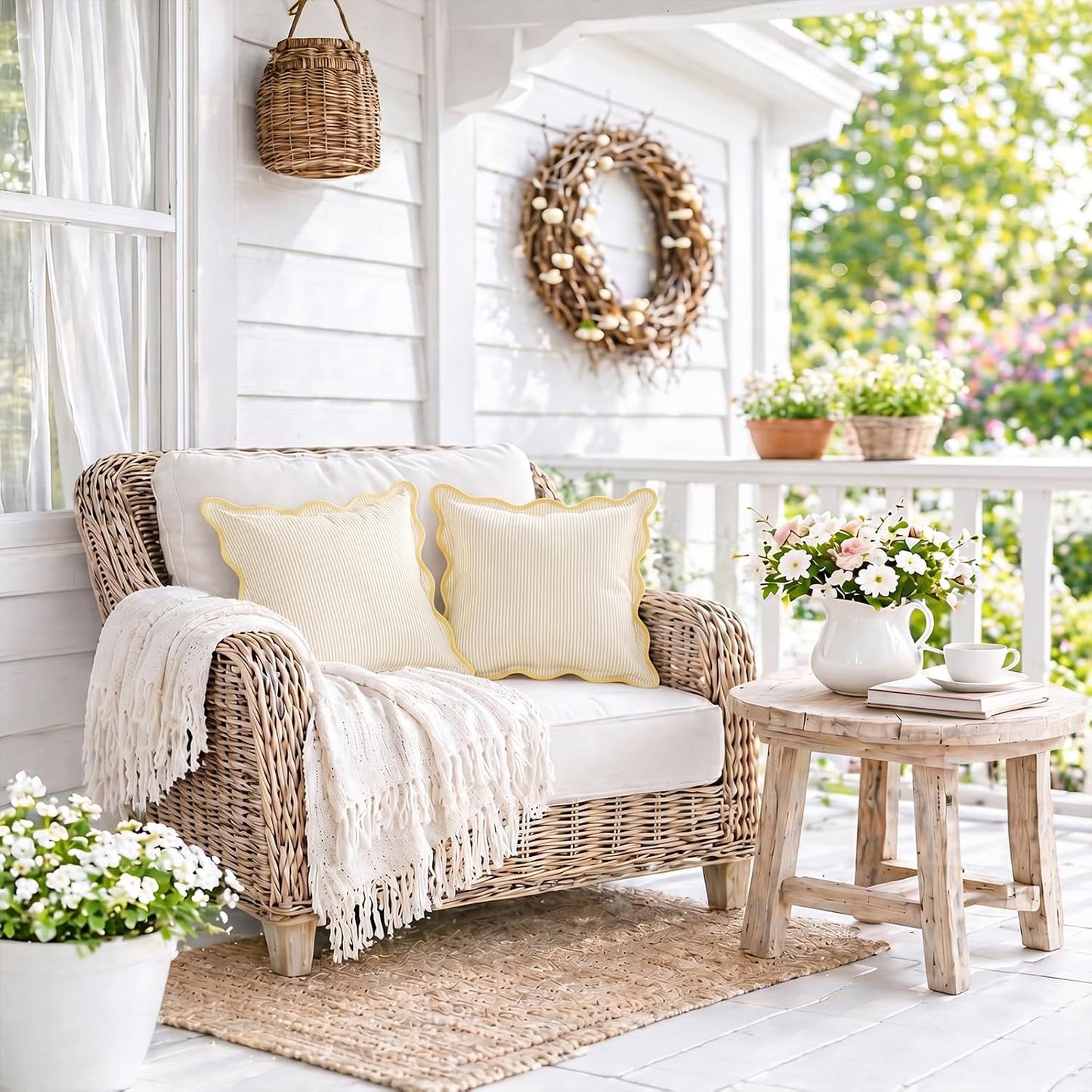 HunnmingRe 2 Pcs Scalloped Edge Striped Pillowcases Stripe Throw Pillow Cover Only Wear Resistant Pillow Shams for Couch Bed Sofa Bedroom Living Room Outdoor Party(Yellow,18'' X 18'')