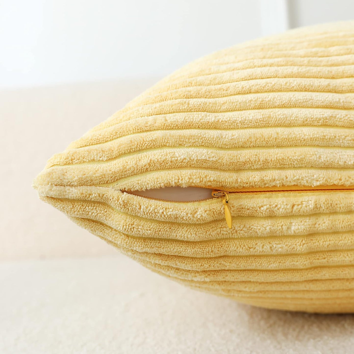 Stellhome Pack of 2 Corduroy Soft Throw Pillow Covers Rectangle Solid Striped Cushion Covers Pillowcase for Bed Couch Sofa Bench, 12x20 inch/30x50 cm, Light Yellow