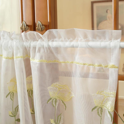 2 Panels Yellow Rose Sheer Valances for Windows Double-Layered Lace Floral Embroidered Kitchen Curtains Over Sink Cafe Curtain, Window Short Small Drapes(Yellow,70"x18")
