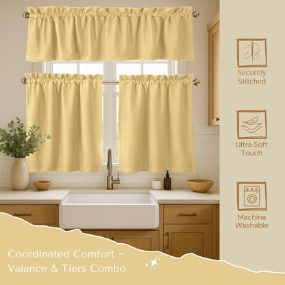Native Fab 3 Piece Window Curtain Tiers 26"x36" and Valance 54"x18" Set - Rod Pocket - Semi Sheer - Short Curtain for Kitchen, Cafe, Living Room - Pale Yellow