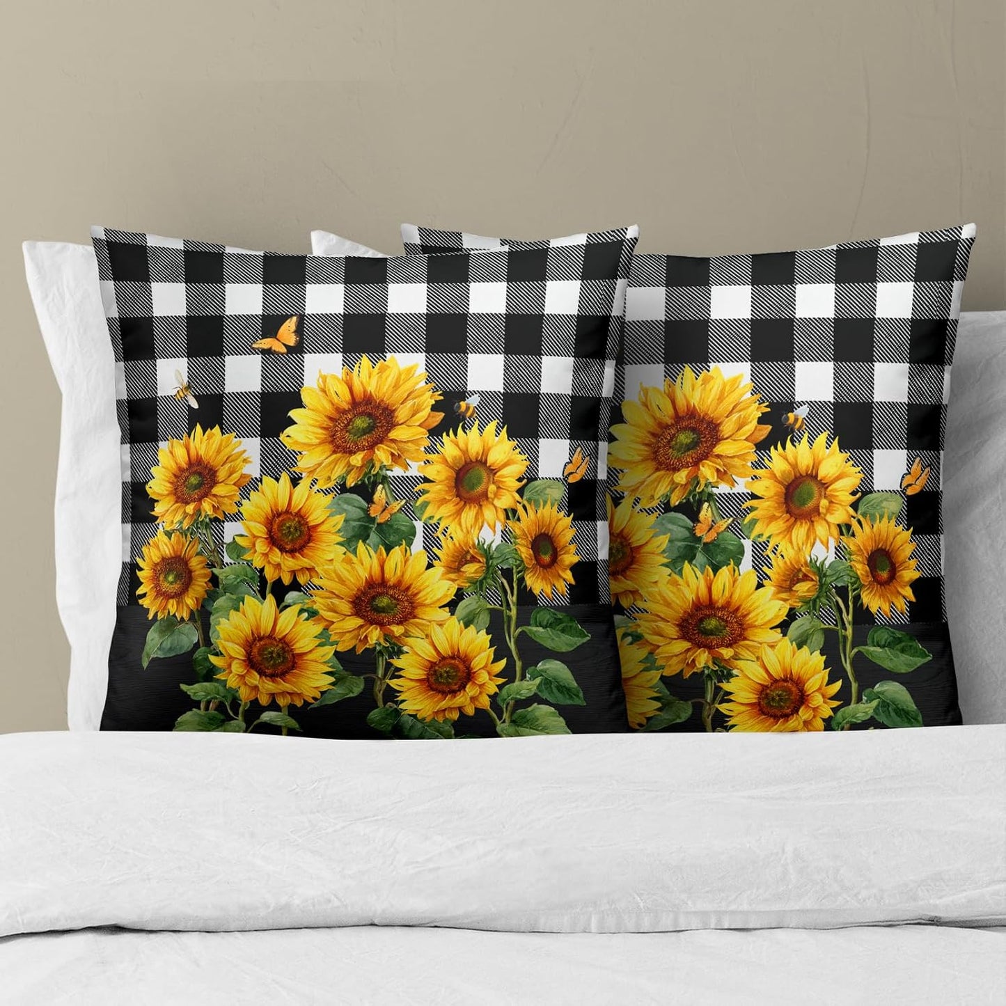 Spring Summer Pillow Covers - Sunflower Throw Pillow Covers Pack of 2 Floral Pillowcases Buffalo Plaid Cushion Cover 18x18 for Couch Bench Sofa Yellow