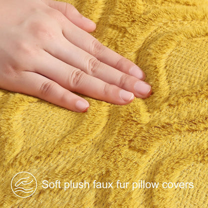 decorUhome Fall Throw Pillow Covers 18x18 Inch Set of 2, Soft Plush Faux Wool Mustard Yellow Solid Couch Pillow Covers, Accent Farmhouse Neutral Square Pillow Cases for Sofa Bed Living Room