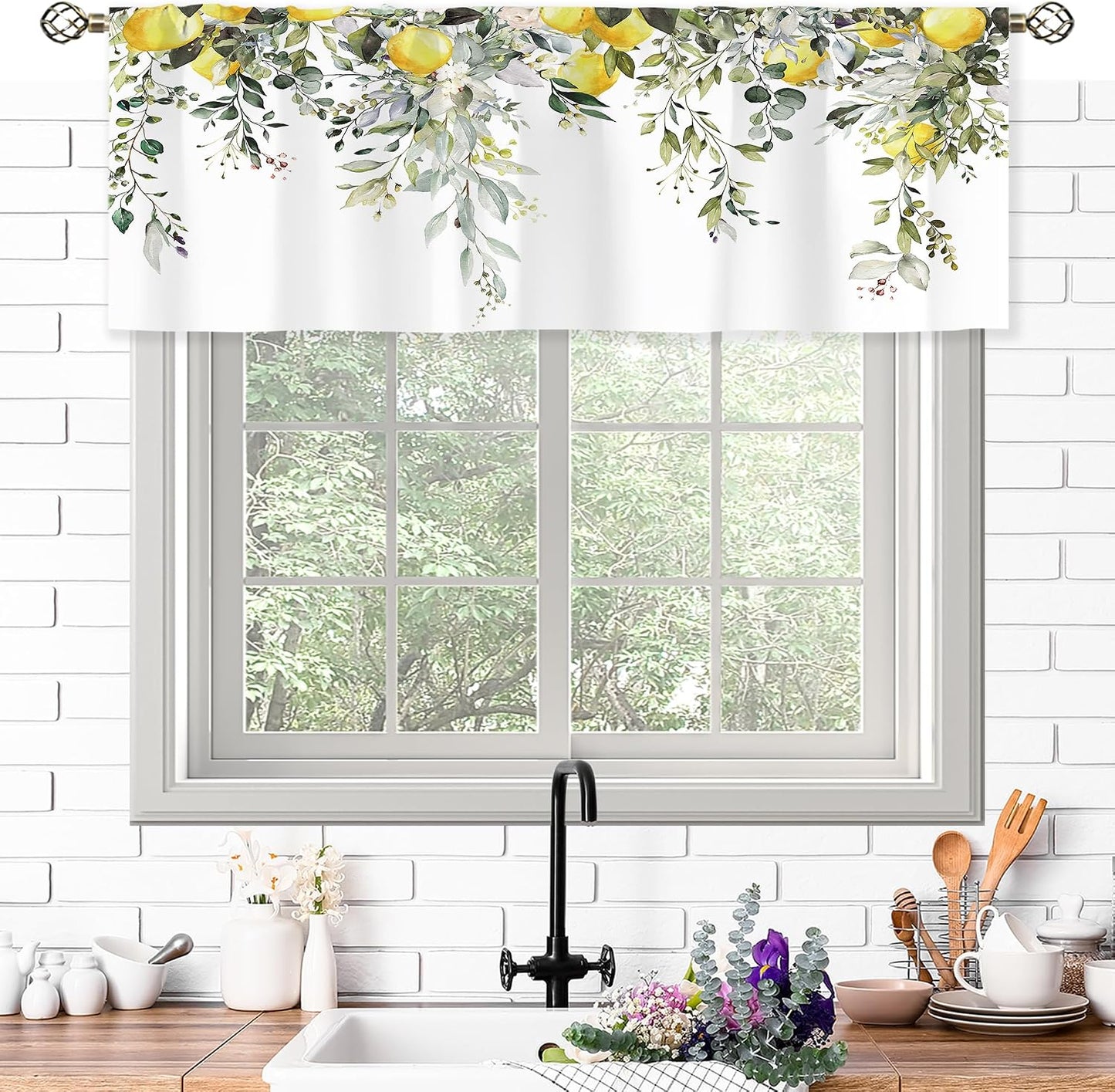 Sage Green Eucalyptus Lemon Botanical Leaves Valances Kitchen Curtains Flower Window Drapes Floral Plants Botanical Wildflower Bedroom Bathroom Living Room Treatment Tier 1 Panel 52Wx18H Inch