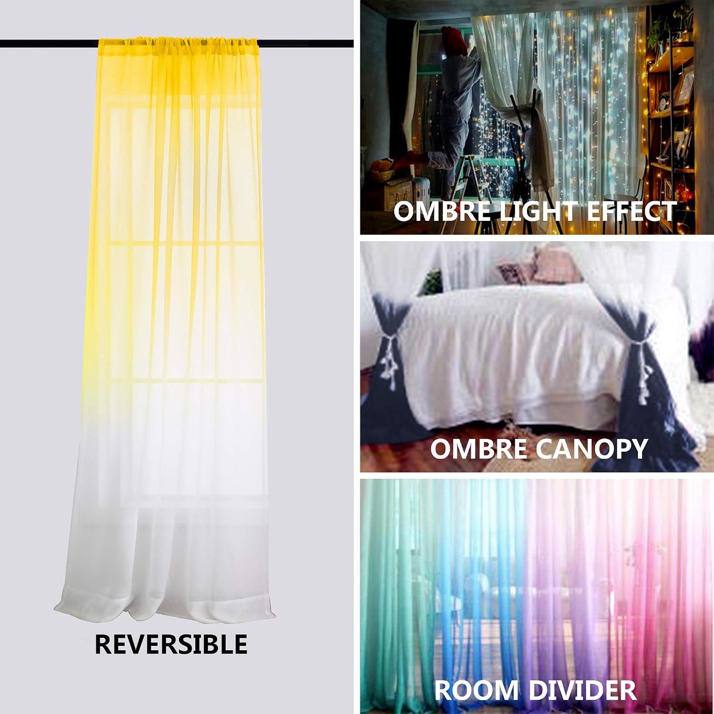 KOUFALL Spring Yellow Sheer Curtains 84 Inches Long, Bright Yellow and White Summer Curtains for Living Room, 2 Panel Set, Lemon Yellow