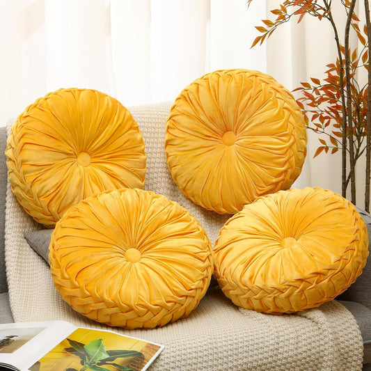 Beeveer 4 Pcs Round Throw Pillows 15 Inch Decorative Velvet Pleated Pumpkin Pillows Boho Floor Pillow with Center Button for Living Room Couch Chair Bed Sofa Home Decoration (Yellow)