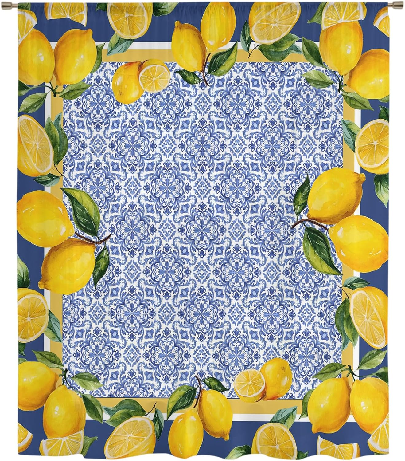 Sheer Curtains 45 Inches Long for Living Room/Bedroom, Blue Yellow Lemon Rod Pocket Voile Kitchen Curtains & Drapes Window Treatment 1 Panel, 52"W x 45"L Summer Country Fruits Italian Style