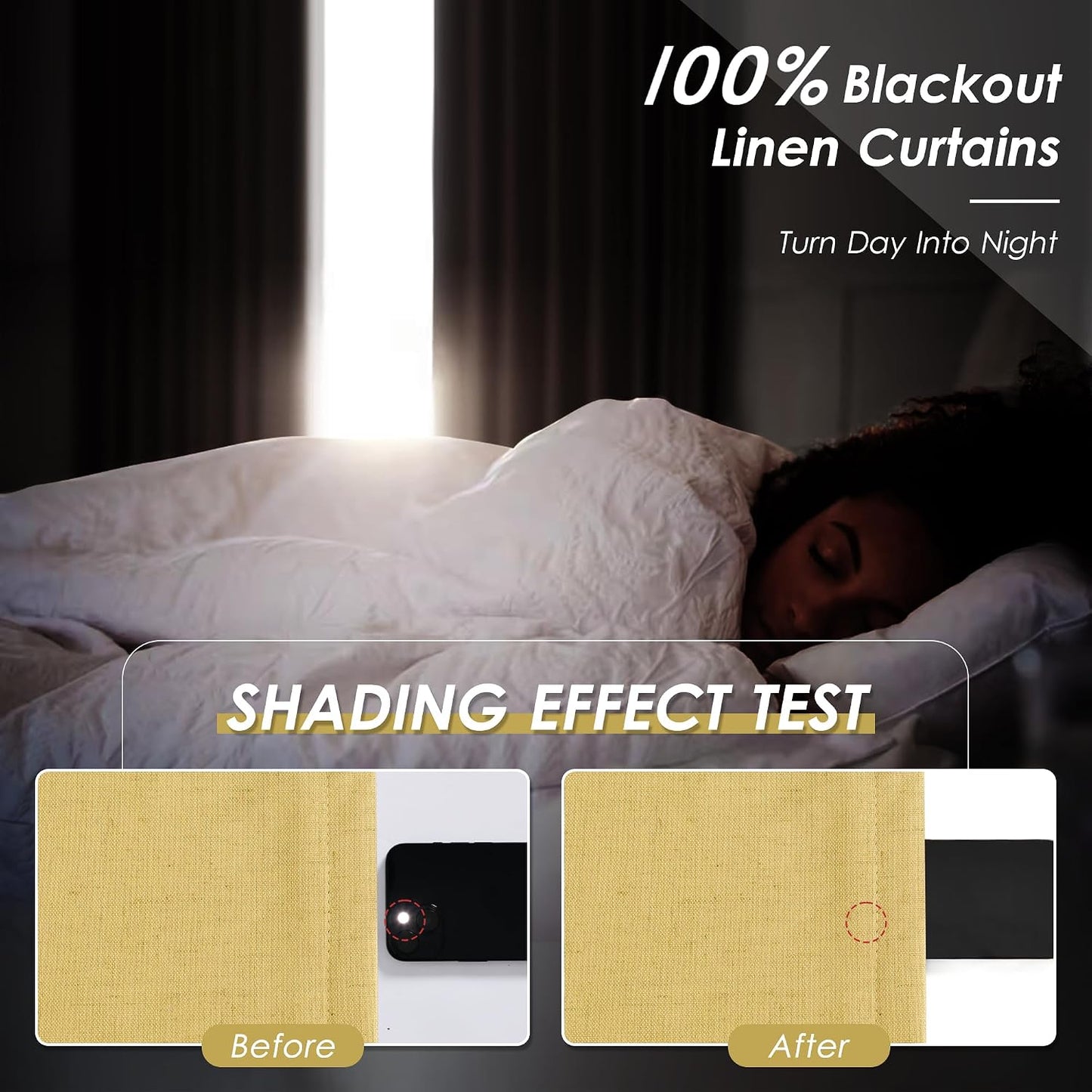 Nanspring Gold Yellow 100% Blackout Linen Curtains 84 Inch Length 2 Panels Set for Bedroom Back Tab Modern Farmhouse Decor Black Out Curtain for Living Room Office Thermal Insulated Drapes 52x84