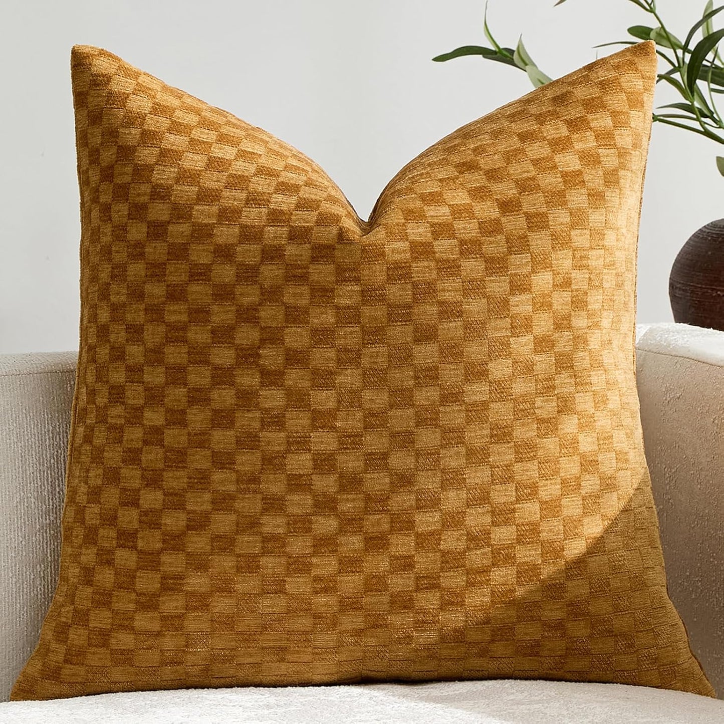Croker Horse 18x18'' inches Chenille Plaid Throw Pillow Cover – Yellow Textured 3D Geometric Grid Checkered Plaid Pattern, Soft Modern Farmhouse Boho Cushion Case for Sofa Couch Bedroom Living Room
