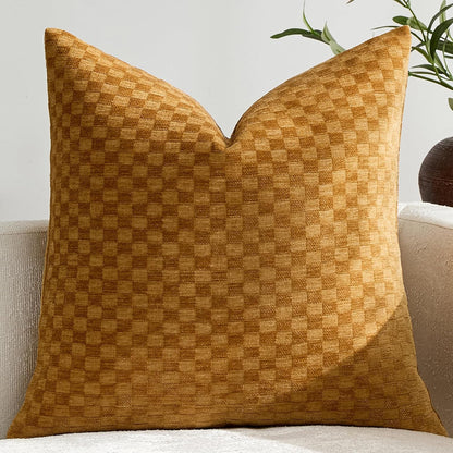 Croker Horse 18x18'' inches Chenille Plaid Throw Pillow Cover – Yellow Textured 3D Geometric Grid Checkered Plaid Pattern, Soft Modern Farmhouse Boho Cushion Case for Sofa Couch Bedroom Living Room