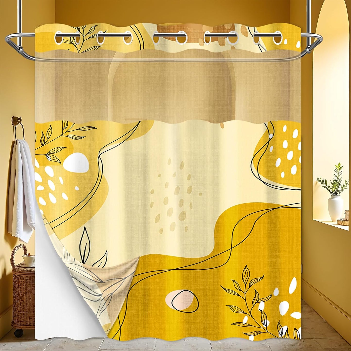 puuiiui Mustard Yellow Hookless Shower Curtain Mesh with Snap in Liner, Light Yellow Boho No Hook Double Layer Shower Curtain and Liner Set, Ringless with Window Waterproof Cloth Fabric, 71"W x 86"L