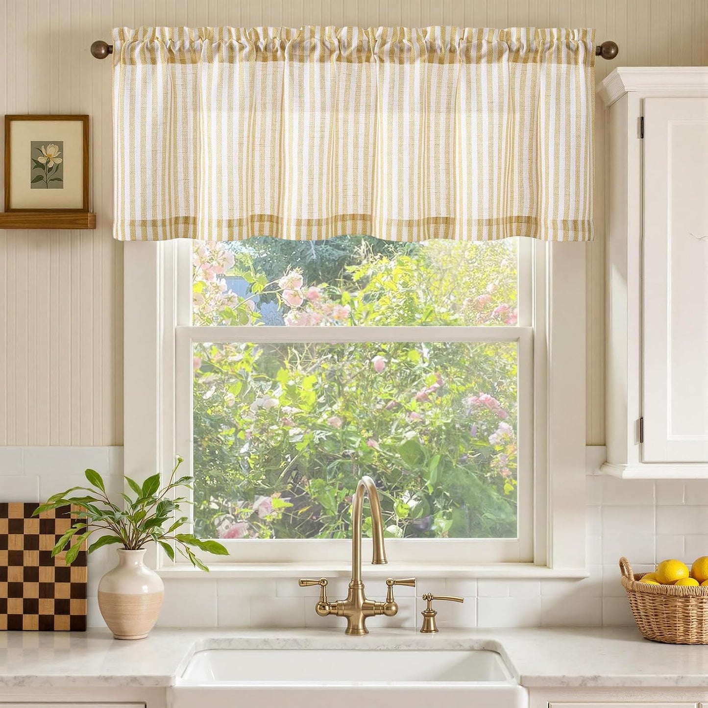 jinchan Linen Stripe Valance for Window 16 Inch Modern Rustic Farmhouse Valance for Kitchen Living Room Bathroom Window Treatment Light Filtering Rod Pocket 1 Panel Mustard Yellow on Linen