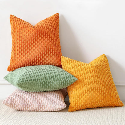 OTOSTAR Set of 4 Soft Corduroy Decorative Throw Pillow Covers 18x18 Square Striped Boho Pillow Cases for Sofa Couch Bedroom Living Room Home Decor Cushion Cover, Sage Green/Light Pink/Yellow/Orange