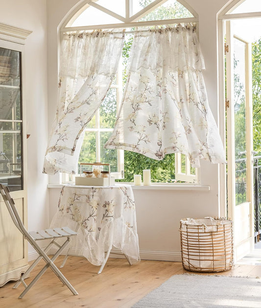 Floral Printed Semi Sheer Linen Window Curtain 2 Panels for Bedroom Attached Lace Valance Rod Pocket Light Filtering Curtains for Living Room (Yellow,52"x84")