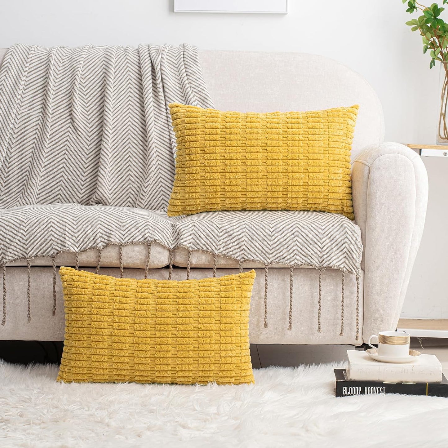 HWY 50 Mustard Yellow Corduroy Decorative Throw Pillow Covers 12x20 Inch Rectangle, Pack of 2, Soft Striped Farmhouse Boho Cushion Cases for Couch Sofa Bed Living Room