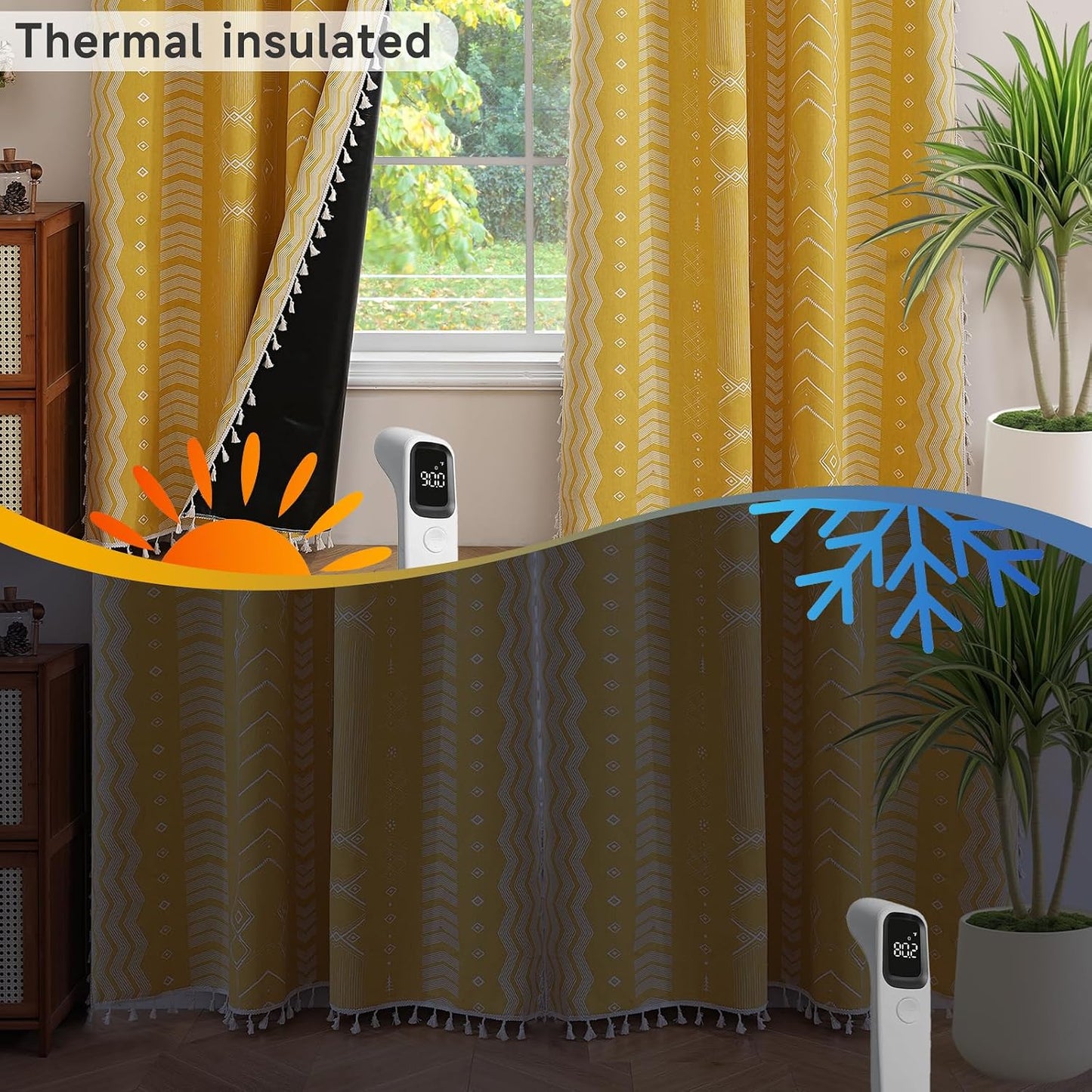 ColorBird Boho Blackout Curtains 2 Panels 84 Inch Length Mustard Yellow Thermal Insulated Southwest Window Treatment Patterned Western Black Out Patterned Curtain Drapes for Living Room Bedroom