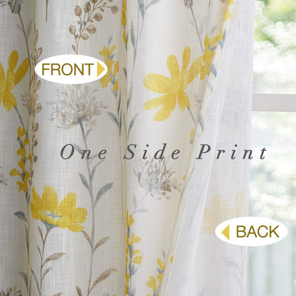 July Joy Printed Kitchen Valance Linen Textured 18-inches Floral Leaf Design Farmhouse Style Window Panel Drapes Set Grommet Treatment for Basement Café Room, 52 x 18 inch, Yellow
