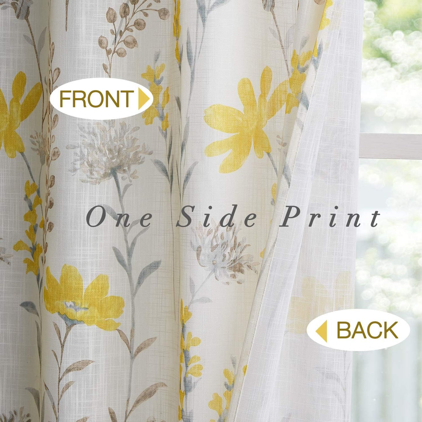 July Joy Printed Valance Linen Textured for Living Room Floral Leaf Design Sheer Curtains Farmhouse Style Window Panel Drapes Set Rod Porket Treatment for Bedroom, Dining, 52 x 18 inch, Yellow