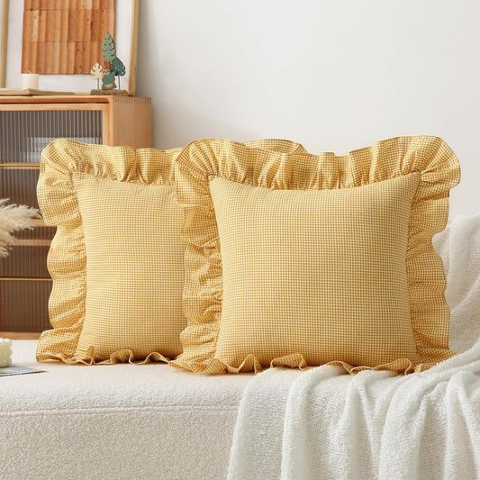 Gingham Throw Pillow Covers 18x18, Mustard/White, Ruffle Trim | 100% washed cotton, Vintage farmhouse checkered style, Decorative pillow shams, Hidden zipper, Set of 2