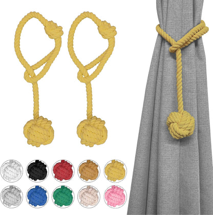 Curtain Tiebacks, 2 Packs Curtain Rope Tieback, Heavy Duty Curtain Tie Backs for Curtains, Indoor Outdoor Curtain Tiebacks, Handmade Rural Decorative Tie Knot Curtain Holdbacks (Yellow)
