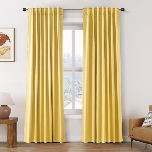 Nanspring Gold Yellow 100% Blackout Linen Curtains 84 Inch Length 2 Panels Set for Bedroom Back Tab Modern Farmhouse Decor Black Out Curtain for Living Room Office Thermal Insulated Drapes 52x84