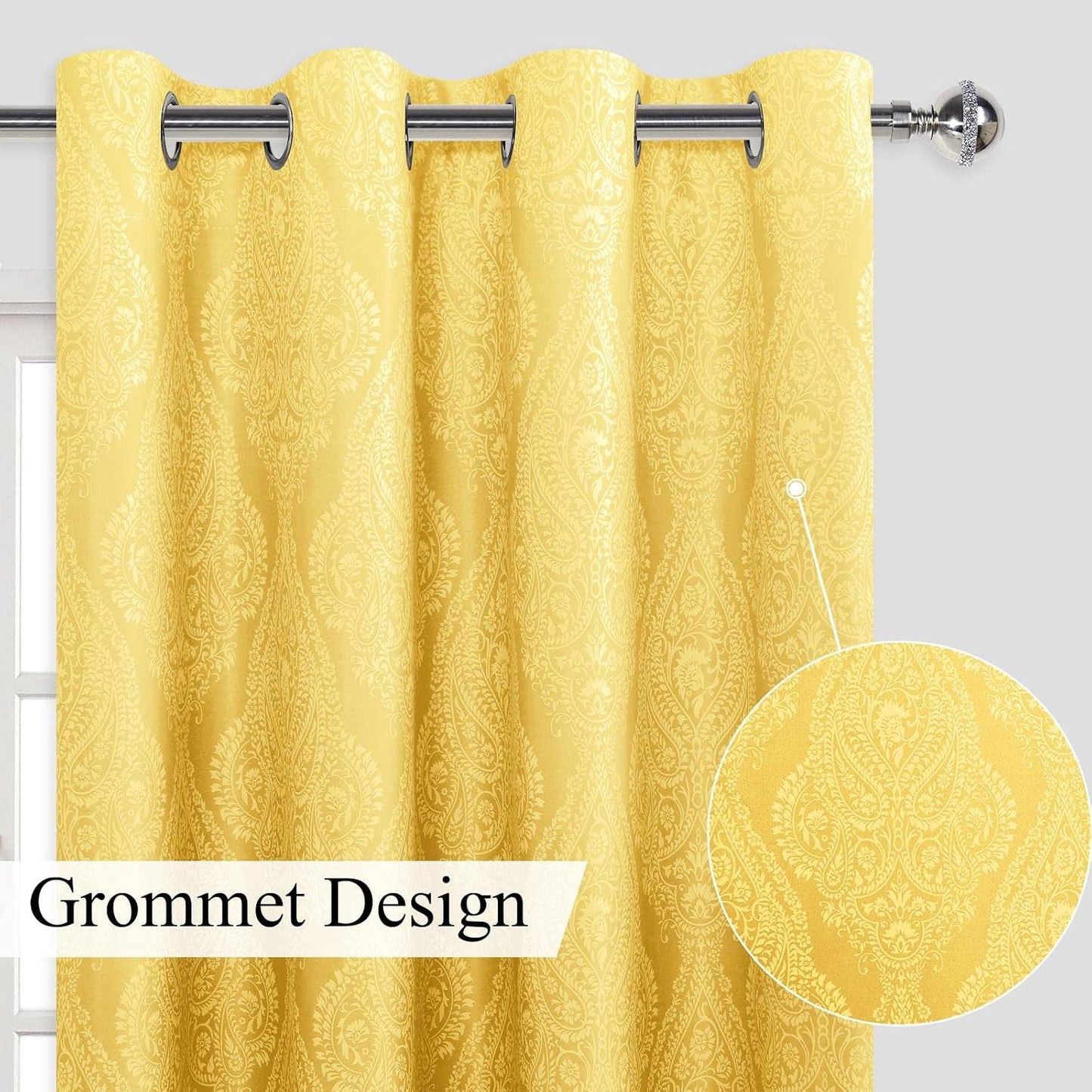 JIUZHEN Yellow Ombre Blackout Curtains for Bedroom – Damask Patterned Thermal Insulated Energy Saving Grommet Curtains with Tiebacks, 52 x 96 Inch, Set of 2 Panels