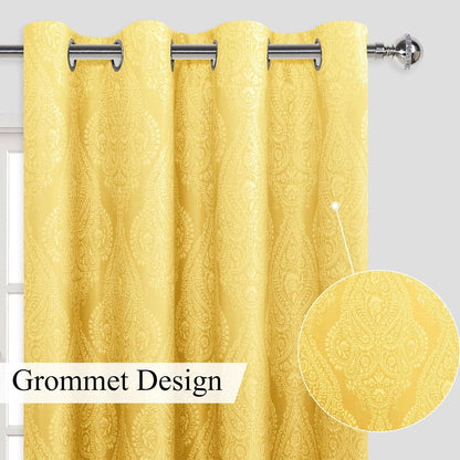 JIUZHEN Yellow Ombre Blackout Curtains for Bedroom – Damask Patterned Thermal Insulated Energy Saving Grommet Curtains with Tiebacks, 52 x 96 Inch, Set of 2 Panels