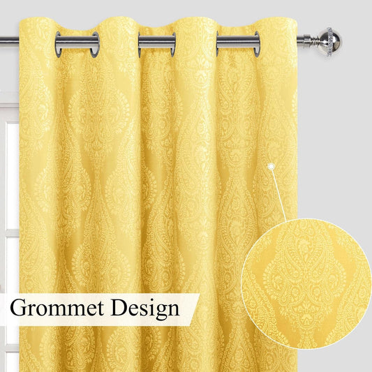 JIUZHEN Yellow Ombre Blackout Curtains for Bedroom – Damask Patterned Thermal Insulated Energy Saving Grommet Curtains with Tiebacks, 52 x 96 Inch, Set of 2 Panels