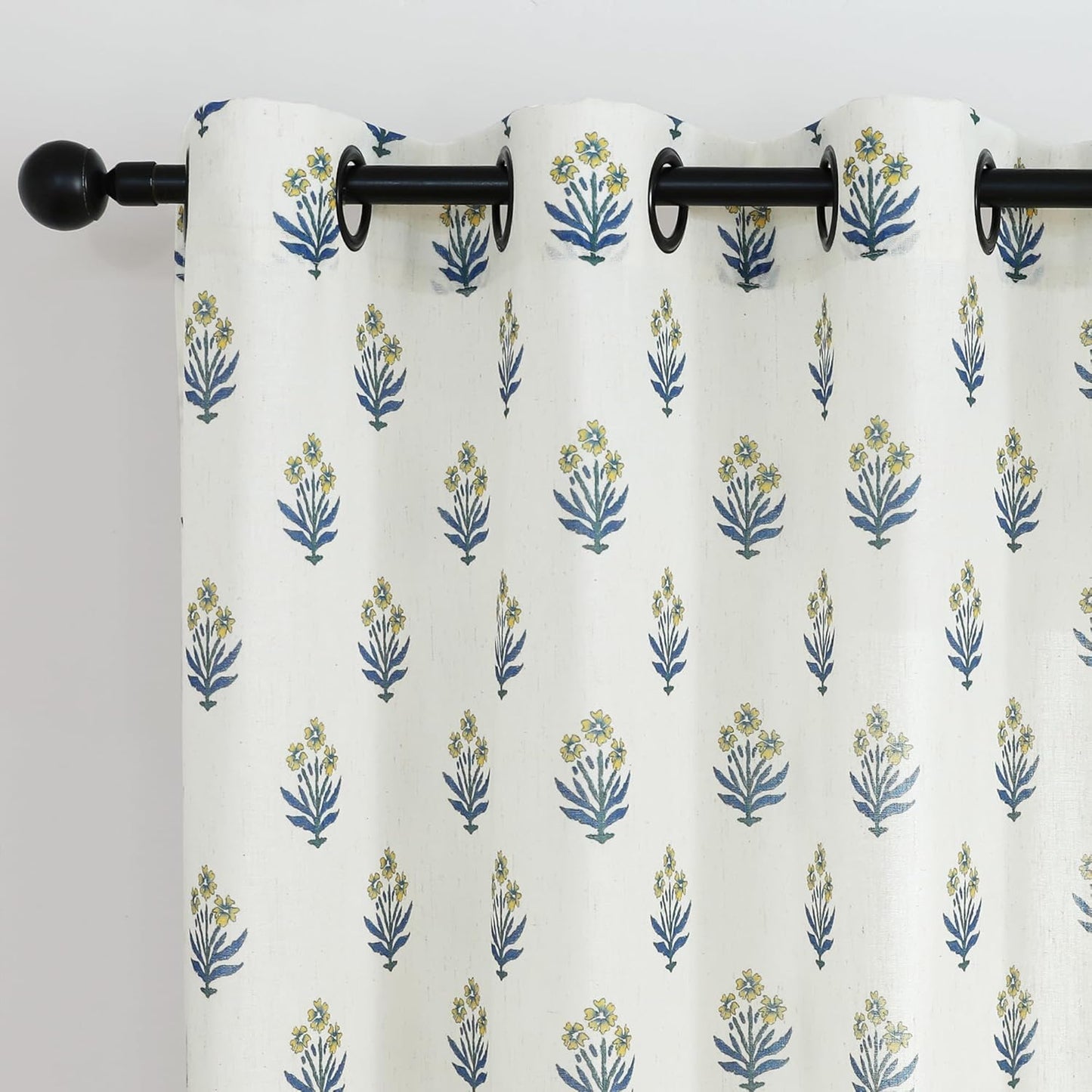 Lino Rosa Spring Mustard Yellow Curtains for Living Room,Sheer Flower Pattern Retro Floral Pretty Mid Century Modern Curtains for Bedroom Window 2 Panel Sets,52 x 84 Inches Long,Yellow and Blue