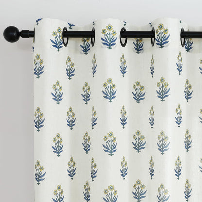 Lino Rosa Spring Mustard Yellow Curtains for Living Room,Sheer Flower Pattern Retro Floral Pretty Mid Century Modern Curtains for Bedroom Window 2 Panel Sets,52 x 84 Inches Long,Yellow and Blue