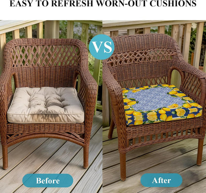 Blue Yellow Lemon Indoor/Outdoor Seat Cushions Cover, Summer Country Fruits Italian Style Waterproof Patio Chaise Lounge Cushion Cover for Beach Pool Side Chair Cushions 20''x18''x2pcs