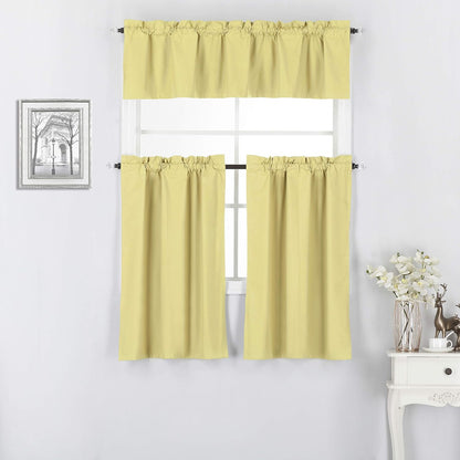 Diamond Home Linens 3 Piece 100% Blackout Lined Thermal Kitchen Window Treatment Curtain Tiers and Valance Set (36" Tiers & 14" Valance, Yellow)