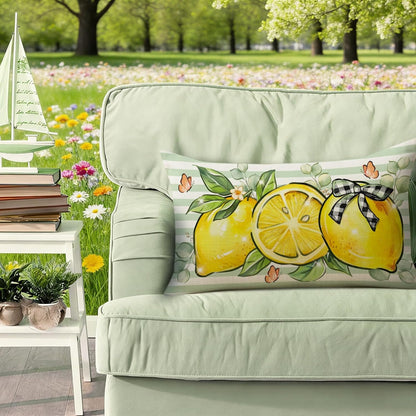 Spring Summer Lemon Lumbar Decorative Throw Pillow Cover 12 x 20, Rectangular Citrus Fruit Plaid Bow Outdoor Home Decor, Green Striped Butterfly Farmhouse Sofa Couch Cushion Case