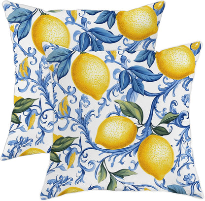 Lemon Pillow Covers Set of 2, Yellow Citrus Fruit Decorative Throw Pillows, Summer Home Decor for Couch Sofa Bed, Fresh Farmhouse Style Cushion Cases 20x20 Inch