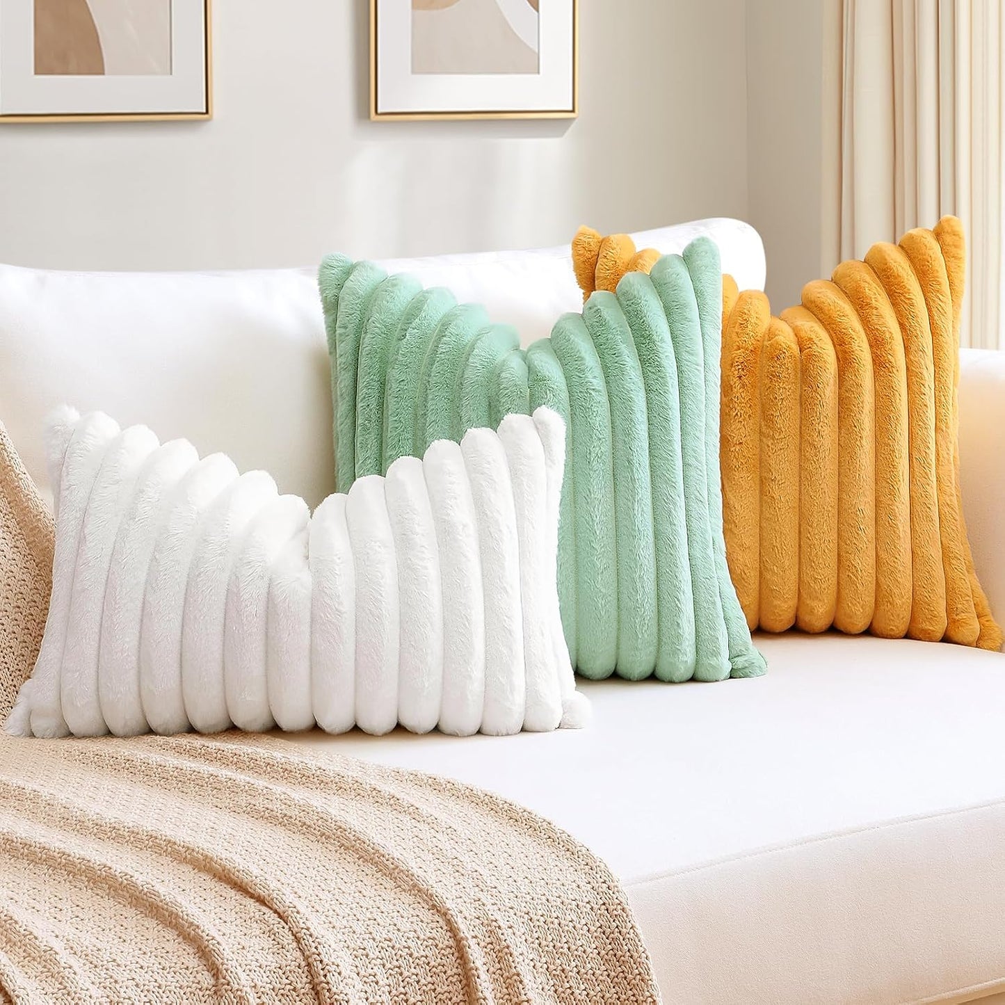 OTOSTAR Mustard Yellow Faux Rabbit Fur Decorative Throw Pillow Cover 20x20 Inch Soft Cozy Plush Striped Pillowcase Velvet Cushion Cover for Sofa Couch Bed Living Room