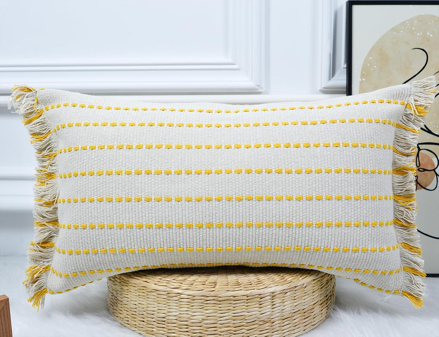 Decorative Farmhouse Fringed Long Lumbar Throw Pillow Cover 12 x 26,Clasic Striped Textured Cotton Boho Decor Long Lumbar Pillow Cover Pillow Case for Sofa Couch Bed,Yellow and Off White