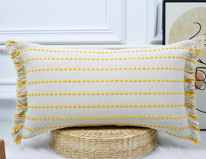 Decorative Farmhouse Fringed Long Lumbar Throw Pillow Cover 12 x 26,Clasic Striped Textured Cotton Boho Decor Long Lumbar Pillow Cover Pillow Case for Sofa Couch Bed,Yellow and Off White